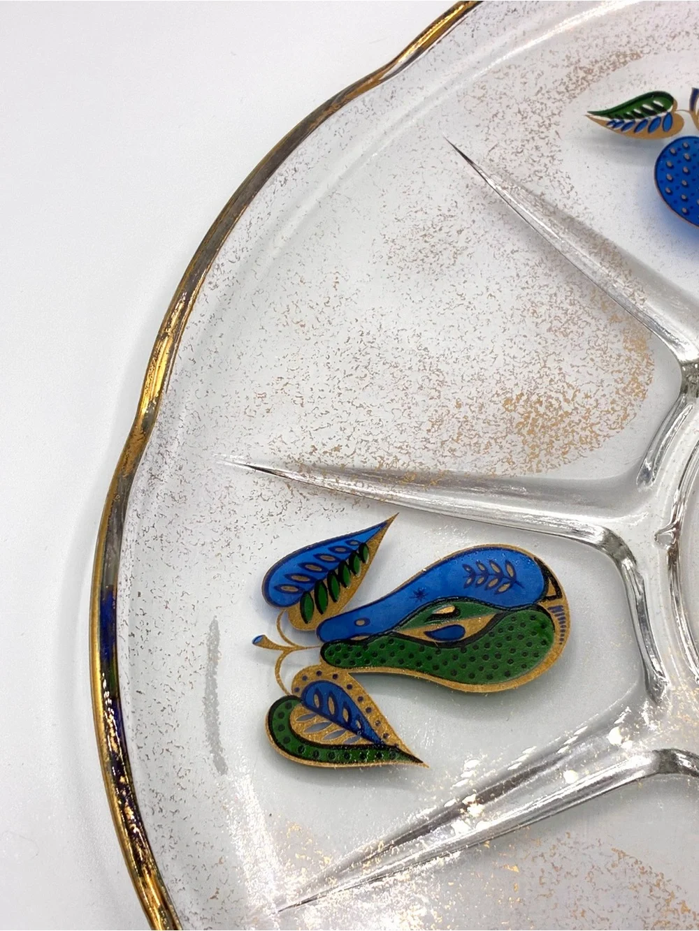 Vintage Georges Briard Divided Glass Serving Tray Gold Blue Green Fruit MCM